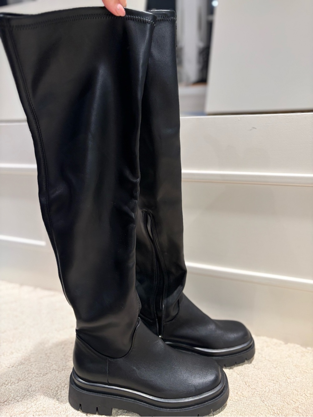 Black Over-the-Knee Square Toe Chunky Lug Sole Boots Size 6